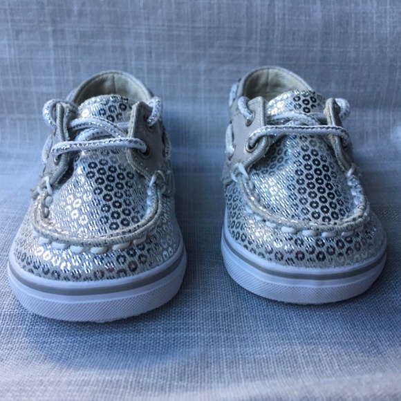 SPERRY TOP-SIDER BAHAMA CRIB SILVER SEQUIN BOAT SHOE BABY GIRLS SIZE 1 - Picture 4 of 12